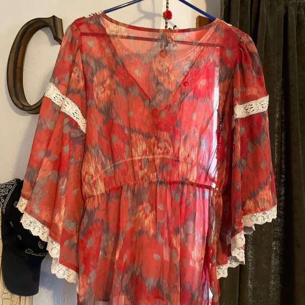 Free People vintage floral blouse red L